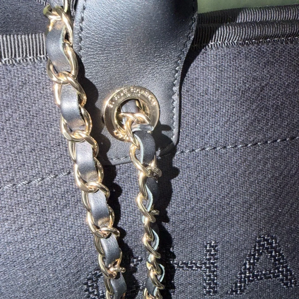 CHANEL Black Canvas Tote with Gold-Trim Chain Handles